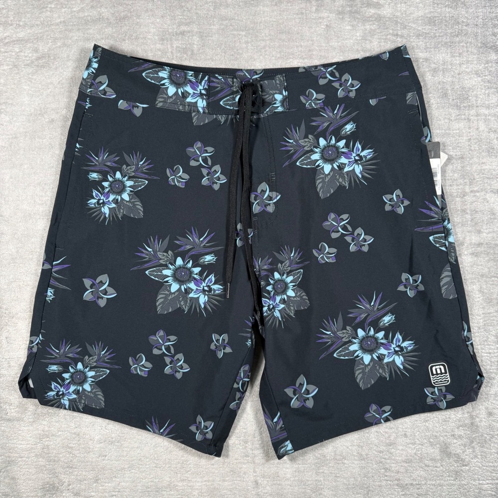 Travis Mathew Board Shorts Mens 32 Black Floral Tiki Time Stretch Swimtrunks NEW